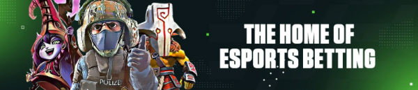 video game characters on left of green background, with white text on right saying "The home of esports betting"