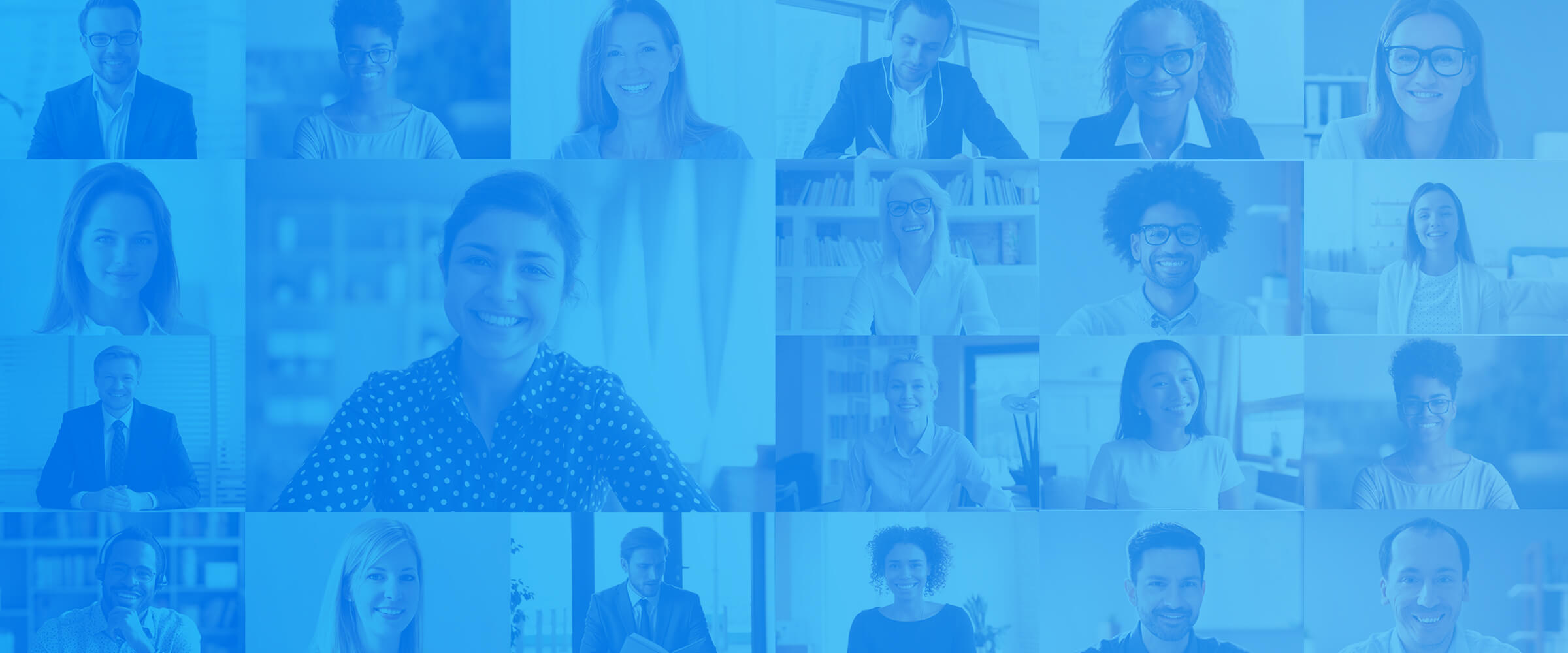 [Translate to French:] Grid showing stock photos of office employees in individual squares, and total blue overlay