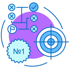 Blue icon of a target circle, number one sticker and task chart, with purple circular background