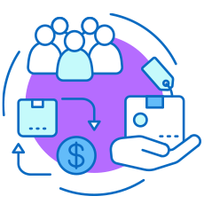 Blue icon of a hand holding a credit card, people gathered and a dollar icon with arrows and a card around it, with a purple circular background