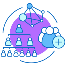 Blue icon of organization chart of people with purple circular background