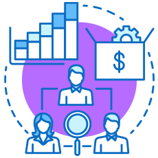 Blue icon of statistic chart, three people connected with a search tool and a box with dollar sign, with circler purple background
