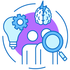 Blue icon with two people and a search tool sign, light bulb with settings tool sign and a brain with lightning sign , with a purple circular background 