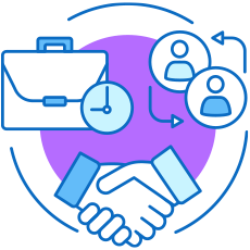 Blue icon of shaking hands, suitcase with a clock and people corresponding, with a purple circular background