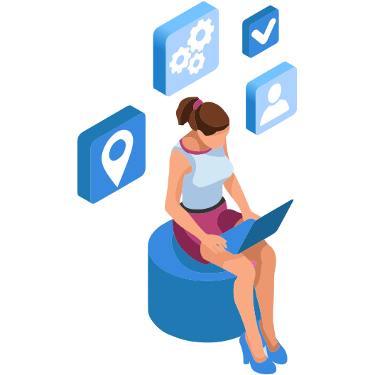 Digital character sitting on stool working on laptop with analytical icons behind her