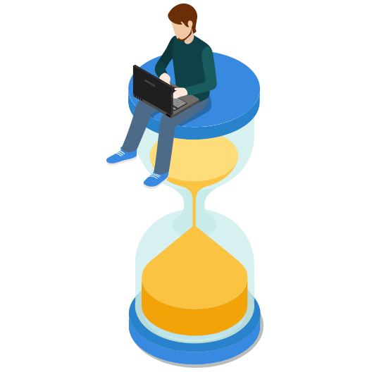 Digital character sitting on top of hourglass and working on laptop