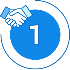 Icon of number one and two hands shaking, with blue circular background
