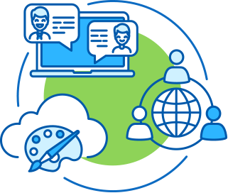 Icon of cloud with color palette and paintbrush, laptop showing chat balloons and web icon with a green circular background
