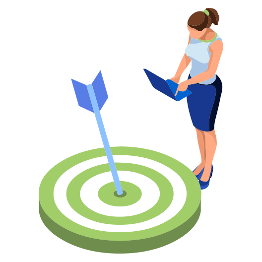 [Translate to French:] Digital character standing and holding a laptop and facing a green target with a blue arrow through the center