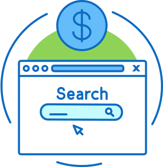 Icon with web page and "search' field, a dollar sign, with green circular background
