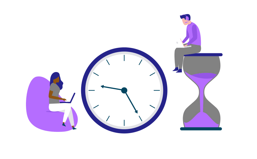 GIF of two digital characters working by a large clock as a paper airplane flies from the clock around the people
