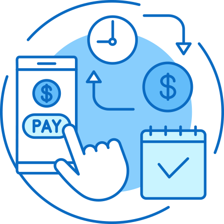 Icon of hand interacting with a mobile phone with a "Pay" sign on the screen, dollar sign and a check mark on a notebook