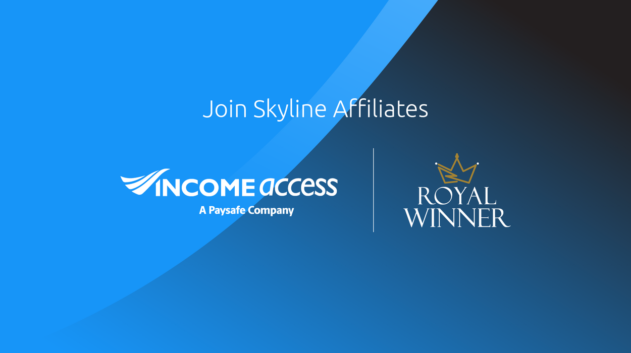 Blue background with white text saying "join Skyline Affiliates" and below is the Income Access logo and the Royal Winner brand logo