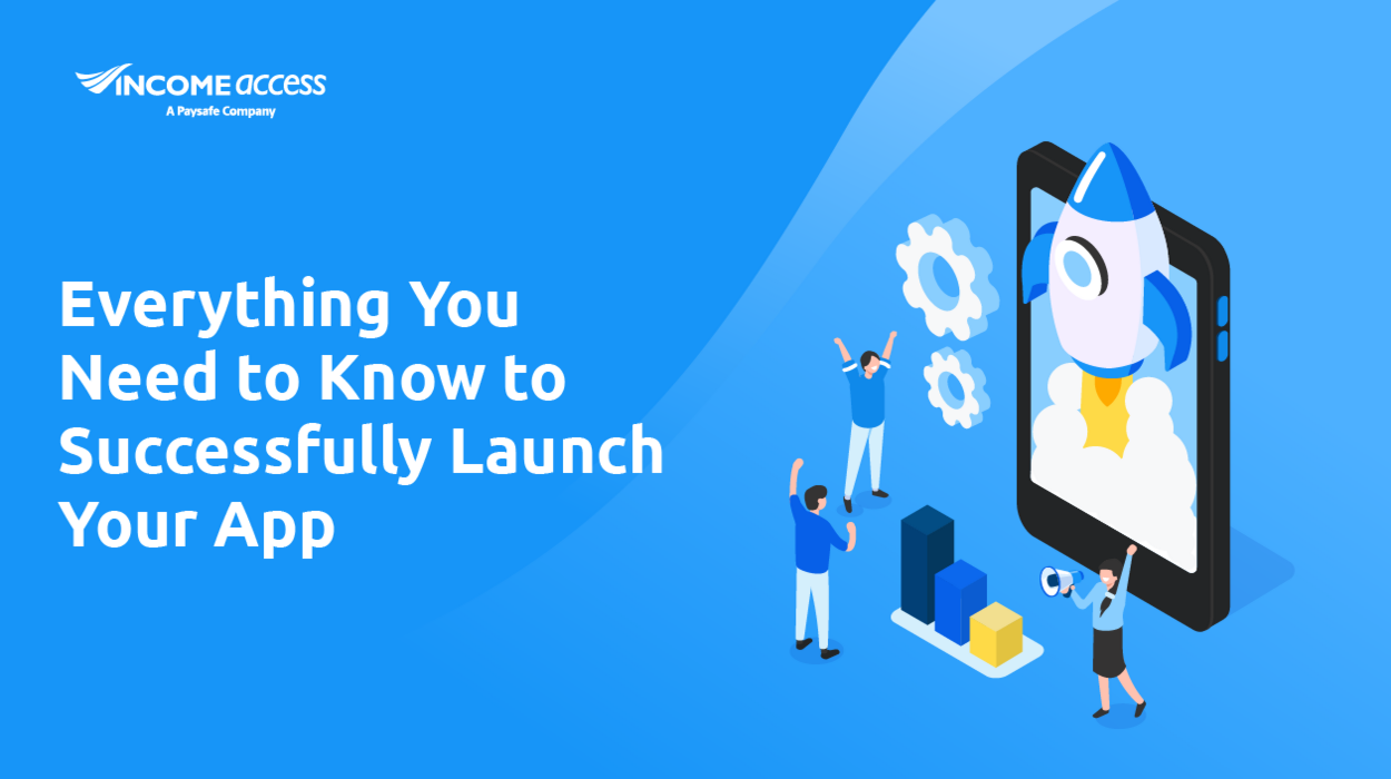 Blue background with white text on left saying "Everything you Need to Know to Successfully Launch your App" and image on right of tablet with gears and graphs hovering in front
