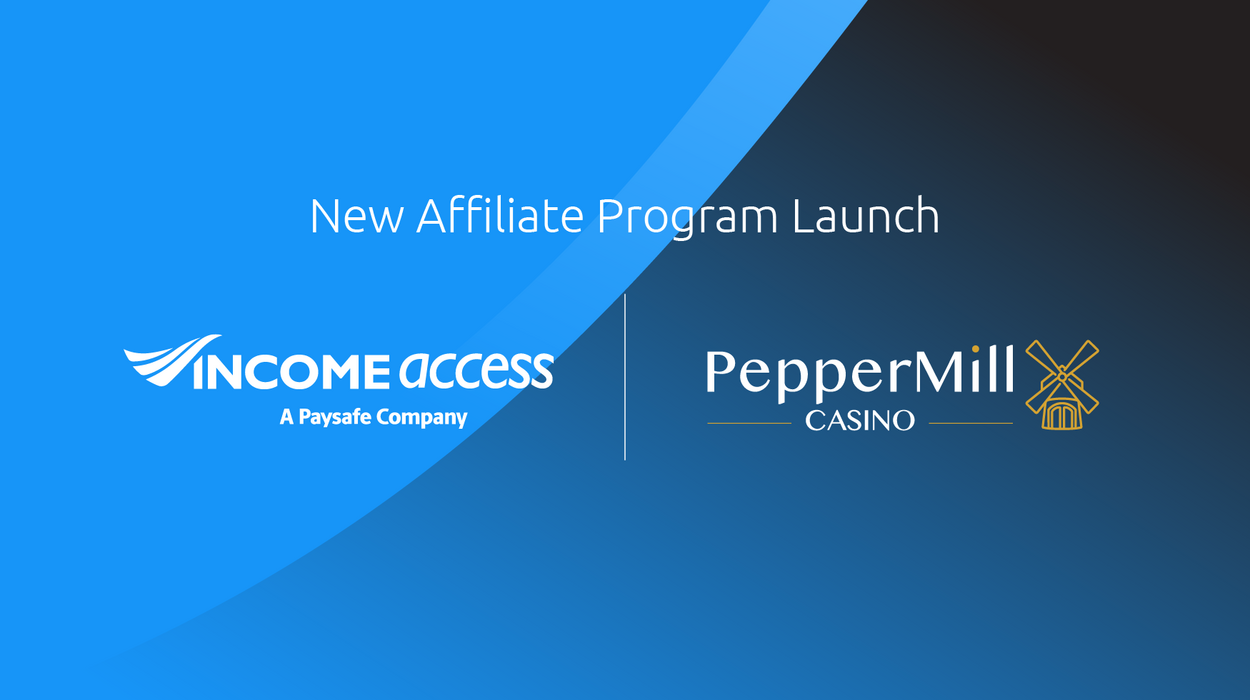 Blue background with white text saying "New Affiliate Program Launch" and under is the Income Access logo and Peppermill casino logo