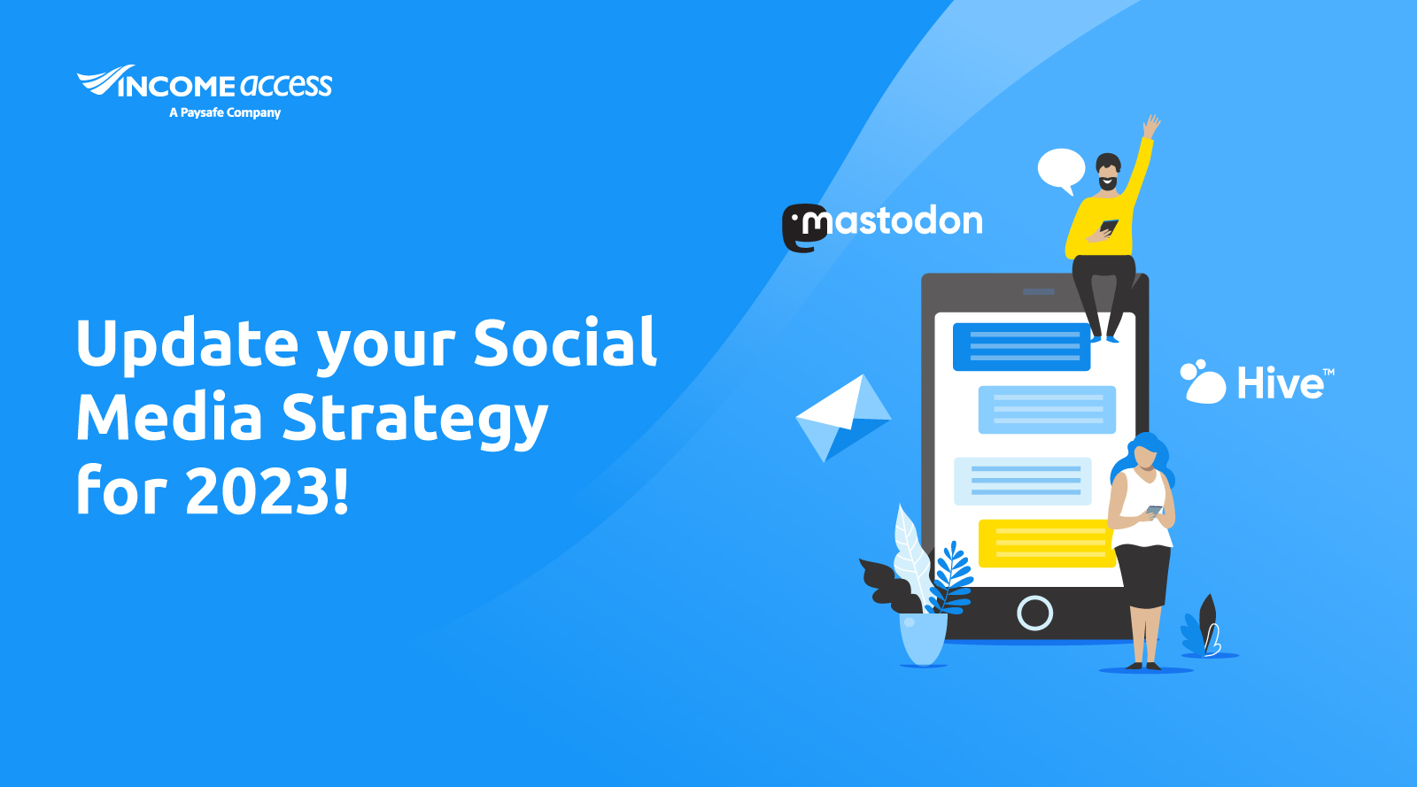 Blue background with white text on left saying "Update your Social Media Strategy for 2023!" and image on right side of mobile device with a chat box on screen
