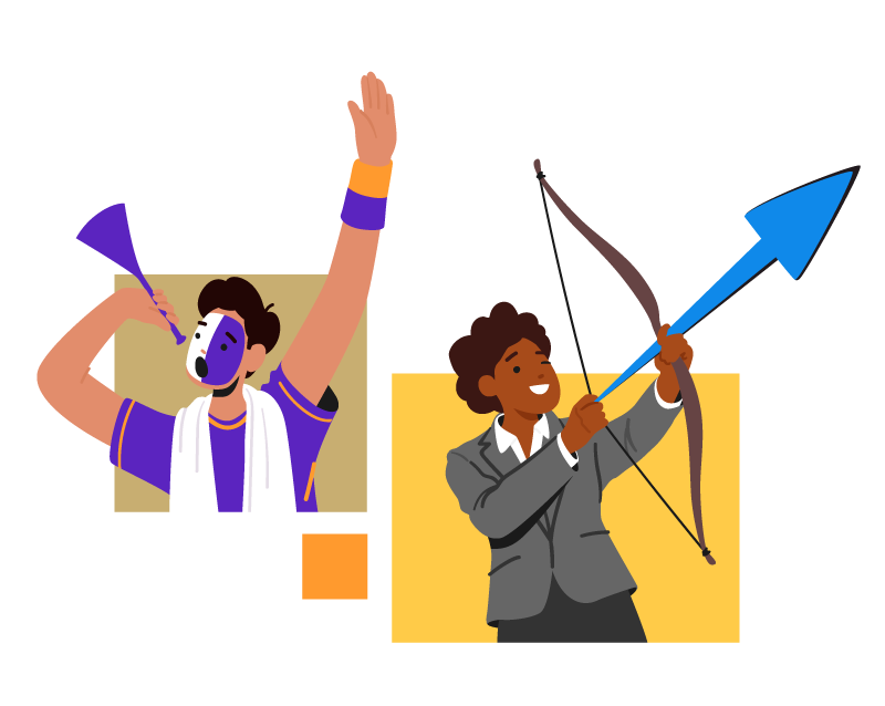 One business person with a bow and arrow, another business person celebrating  - iGaming. affiliate marketing
