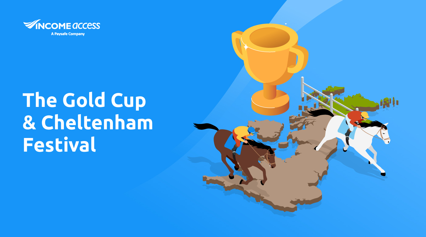 Blue background with white text on left saying "The Gold Cup and Cheltenham Festival" and an image of horses running across a 2D map of the UK.