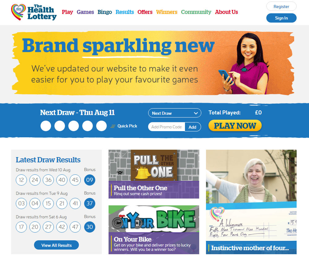 Screenshot of "The Health Lottery's" home page showing lottery draw results and next draw information