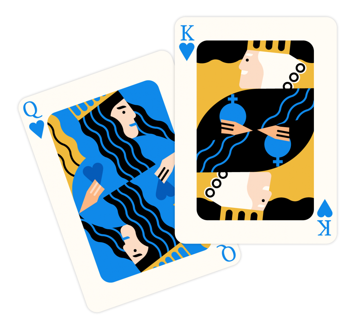 King and queen playing cards with yellow, black, blue, and white coloration.