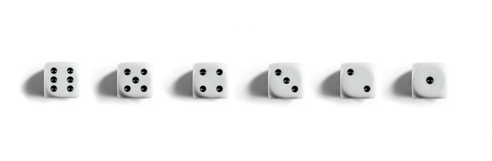 6 dice on a white background with numbers descending from 6 to 1 from left to right